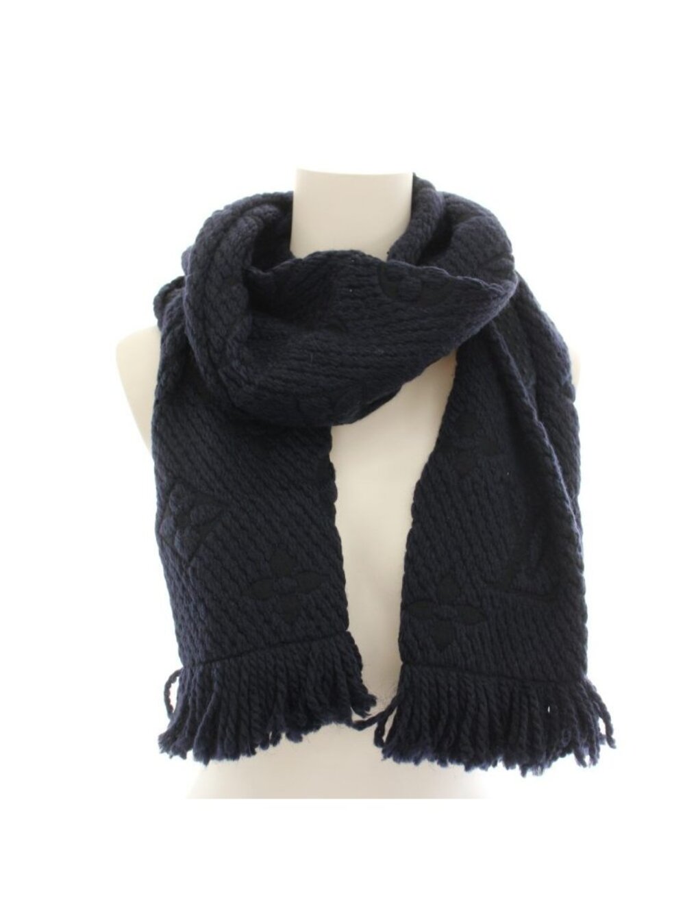Louis Vuitton Echarpe Logo Mania Blue Nuit Scarf Monogram Fringe Silk Blend - Picture 3 of 6